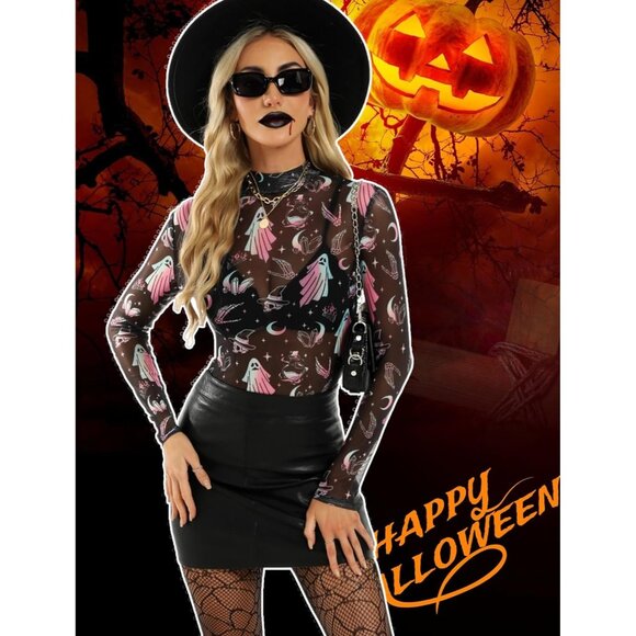 Women Black Specter Long Sleeve Mock Neck Fitted Sexy See Through Mesh Tops - Picture 5 of 7